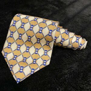 Vintage Christian Dior Cravate Silk Necktie Gold Yellow Blue Geometric Print Tie